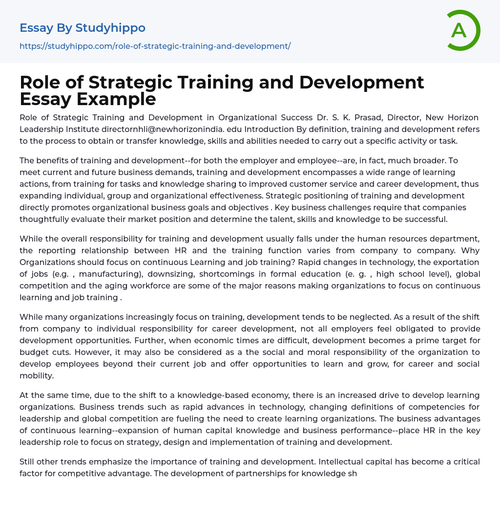 Role of Strategic Training and Development Essay Example