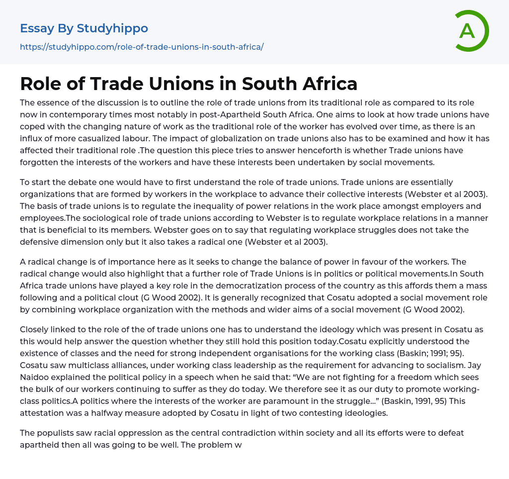 Role of Trade Unions in South Africa Essay Example