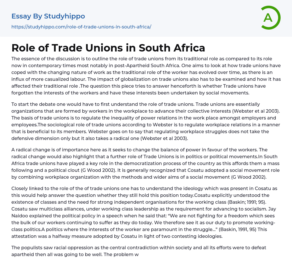 Role Of Trade Unions In South Africa Essay Example StudyHippo