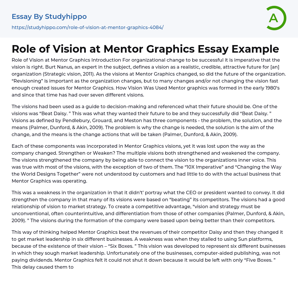 Role of Vision at Mentor Graphics Essay Example