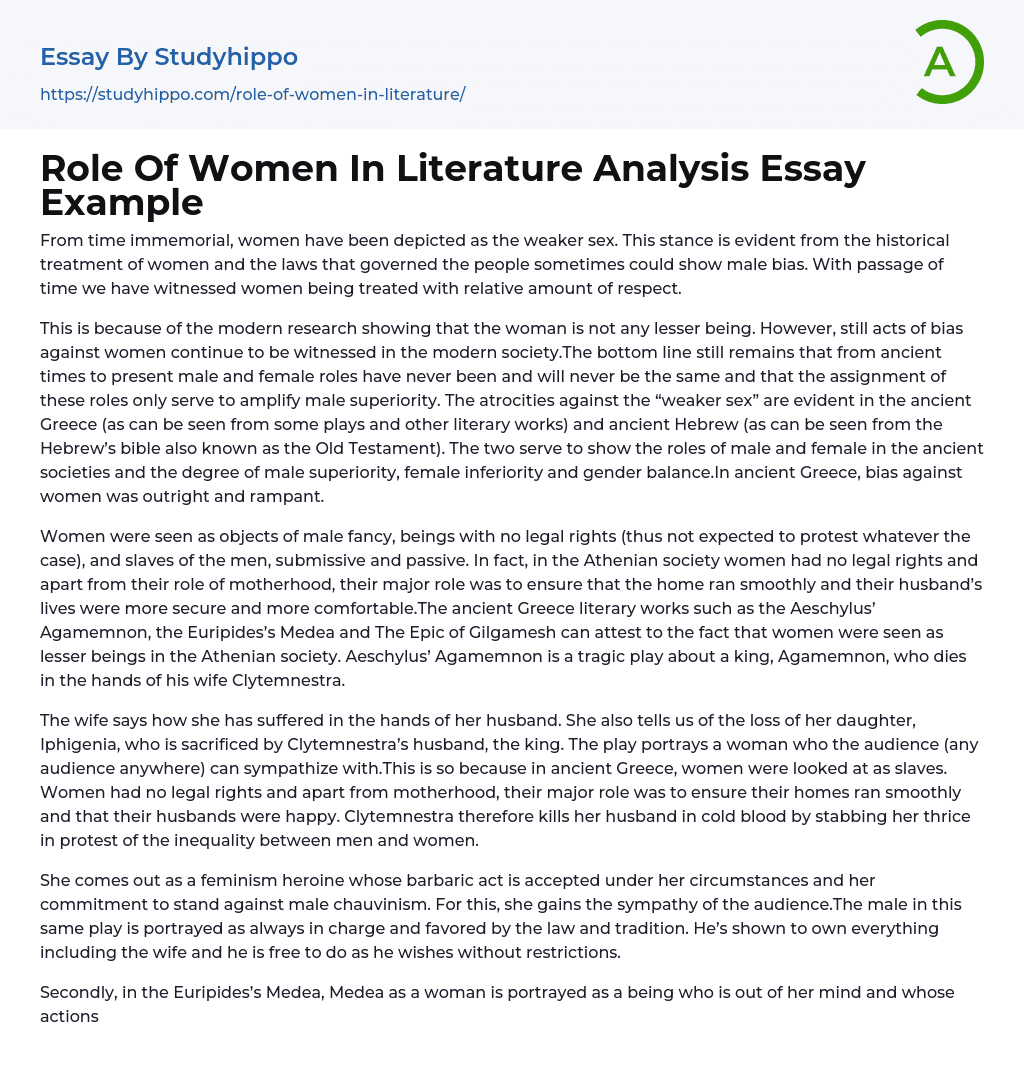 Role Of Women In Literature Analysis Essay Example
