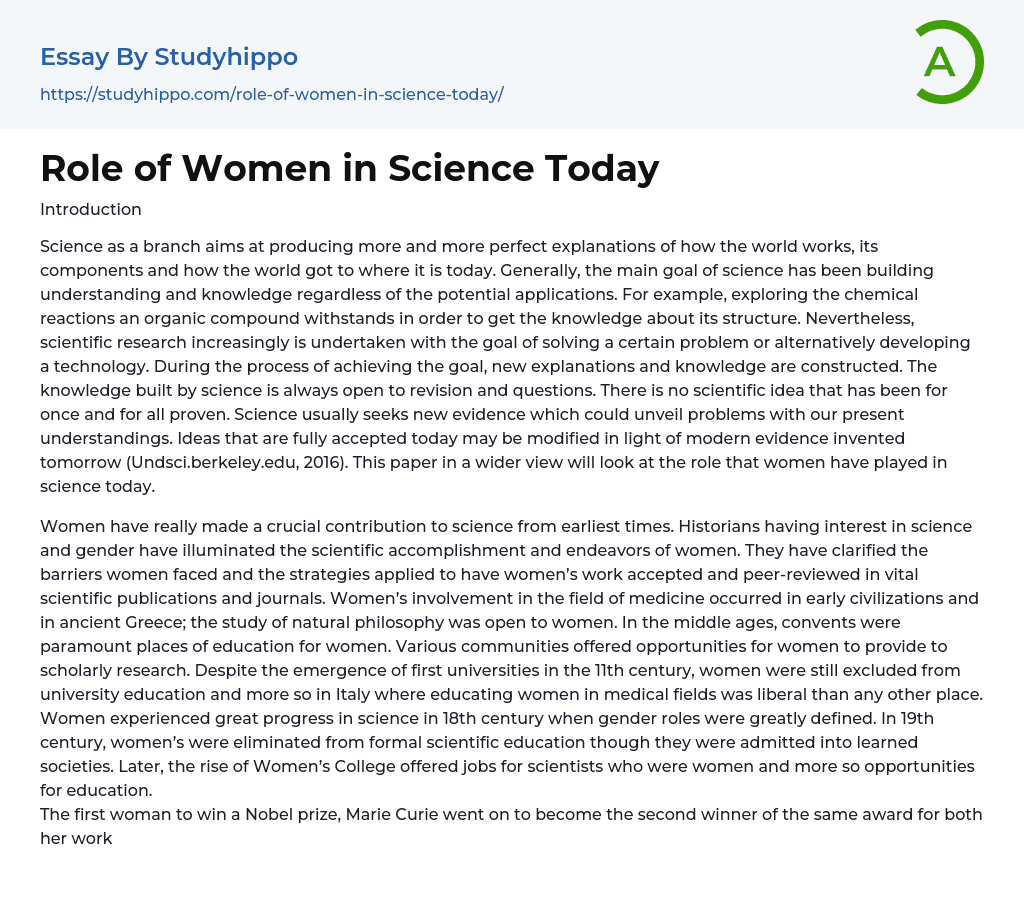 Role of Women in Science Today Essay Example