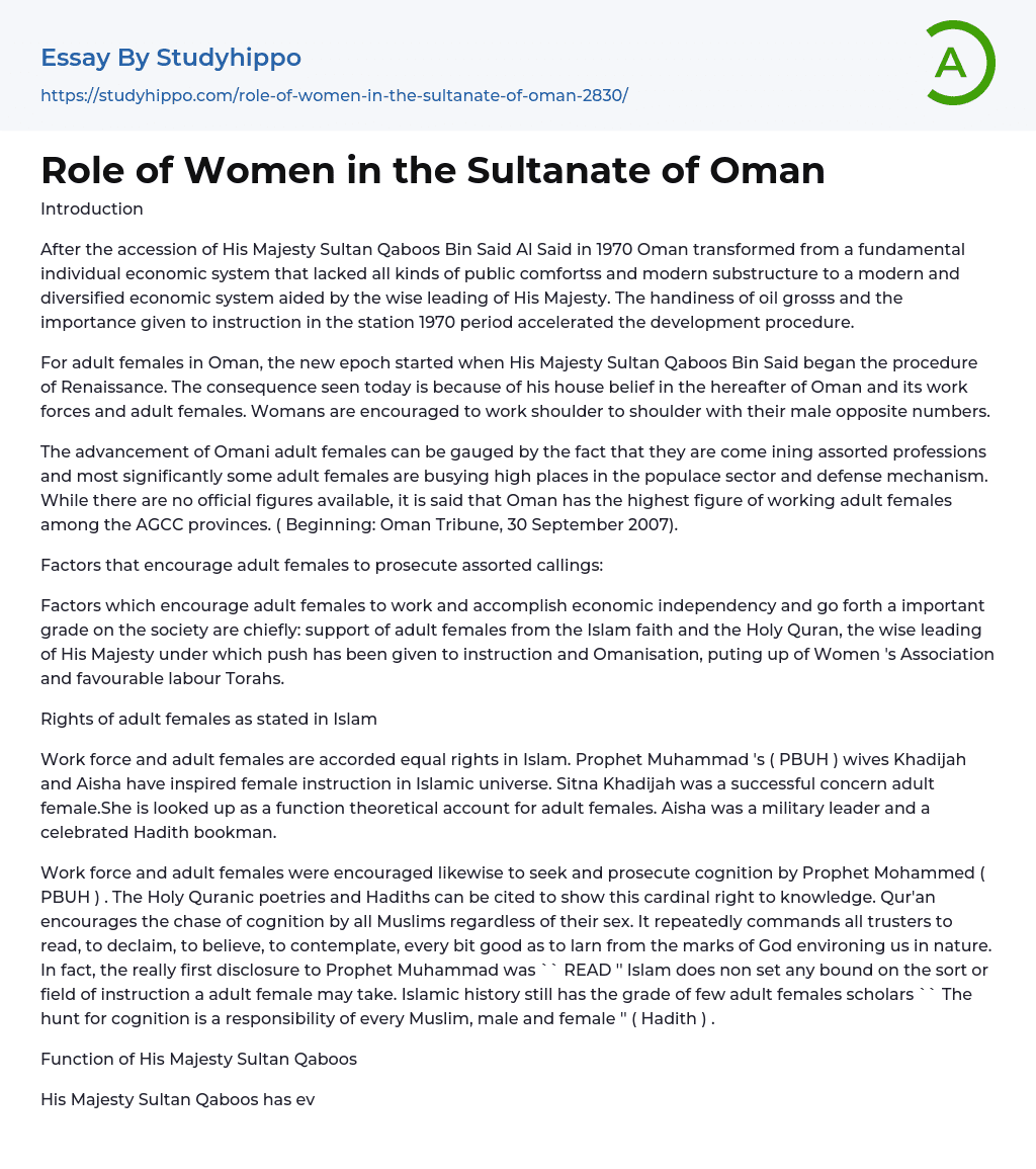 Role of Women in the Sultanate of Oman Essay Example