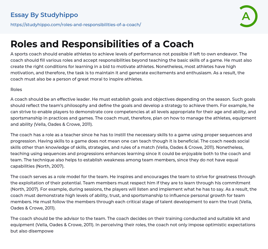 Roles and Responsibilities of a Coach Essay Example