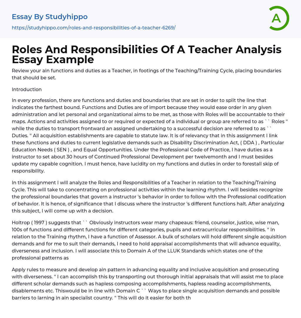 Roles And Responsibilities Of A Teacher Analysis Essay Example