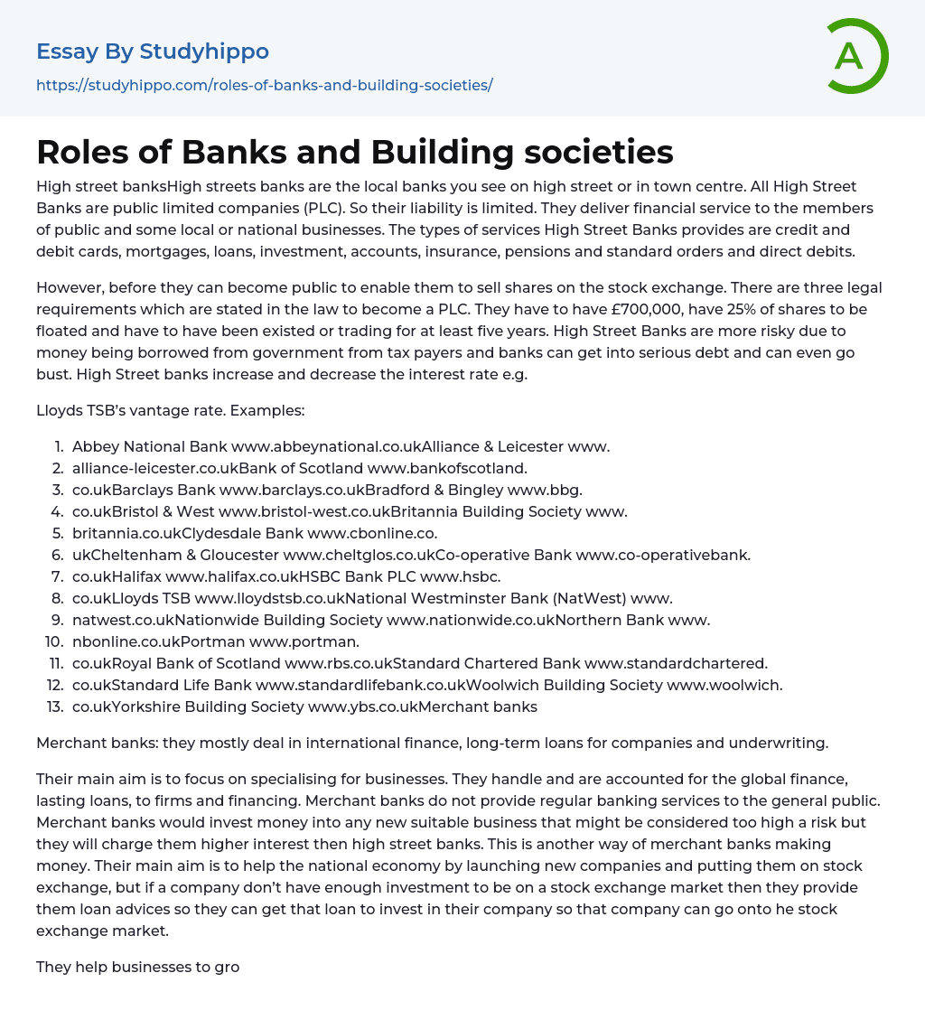 Roles of Banks and Building societies Essay Example
