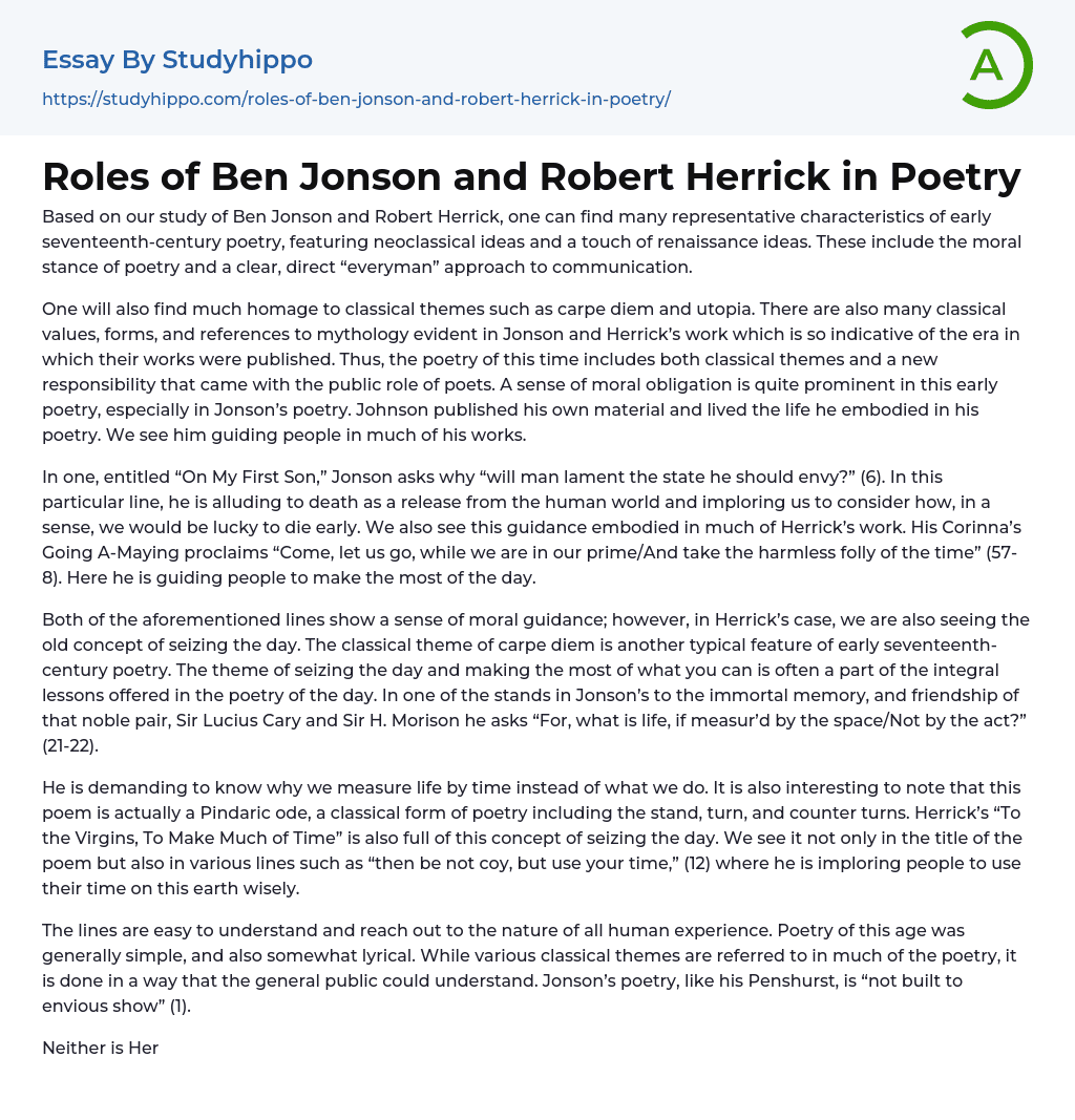 Roles of Ben Jonson and Robert Herrick in Poetry Essay Example