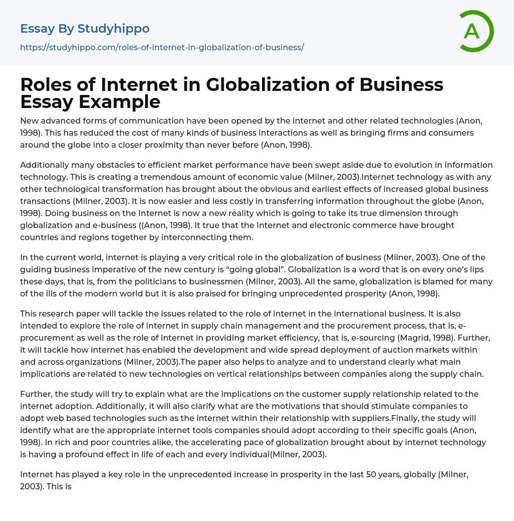 Roles of Internet in Globalization of Business Essay Example