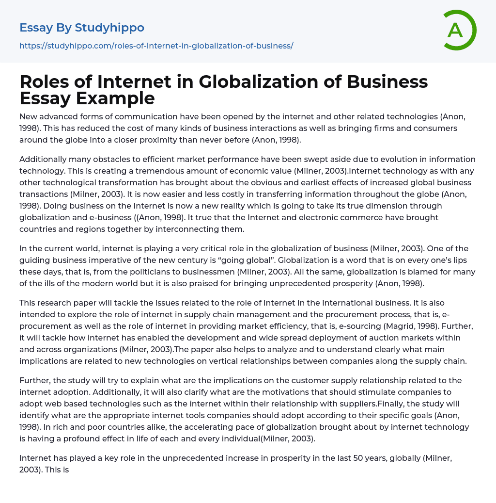 Roles Of Internet In Globalization Of Business Essay Example 