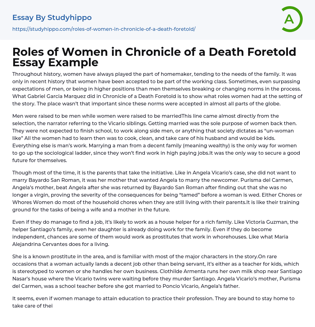 Roles of Women in Chronicle of a Death Foretold Essay Example
