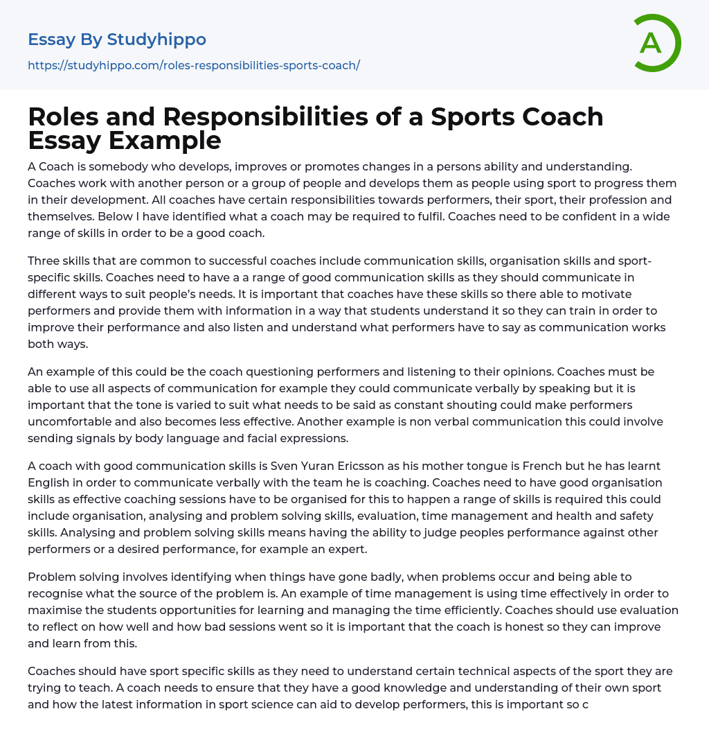 Roles and Responsibilities of a Sports Coach Essay Example