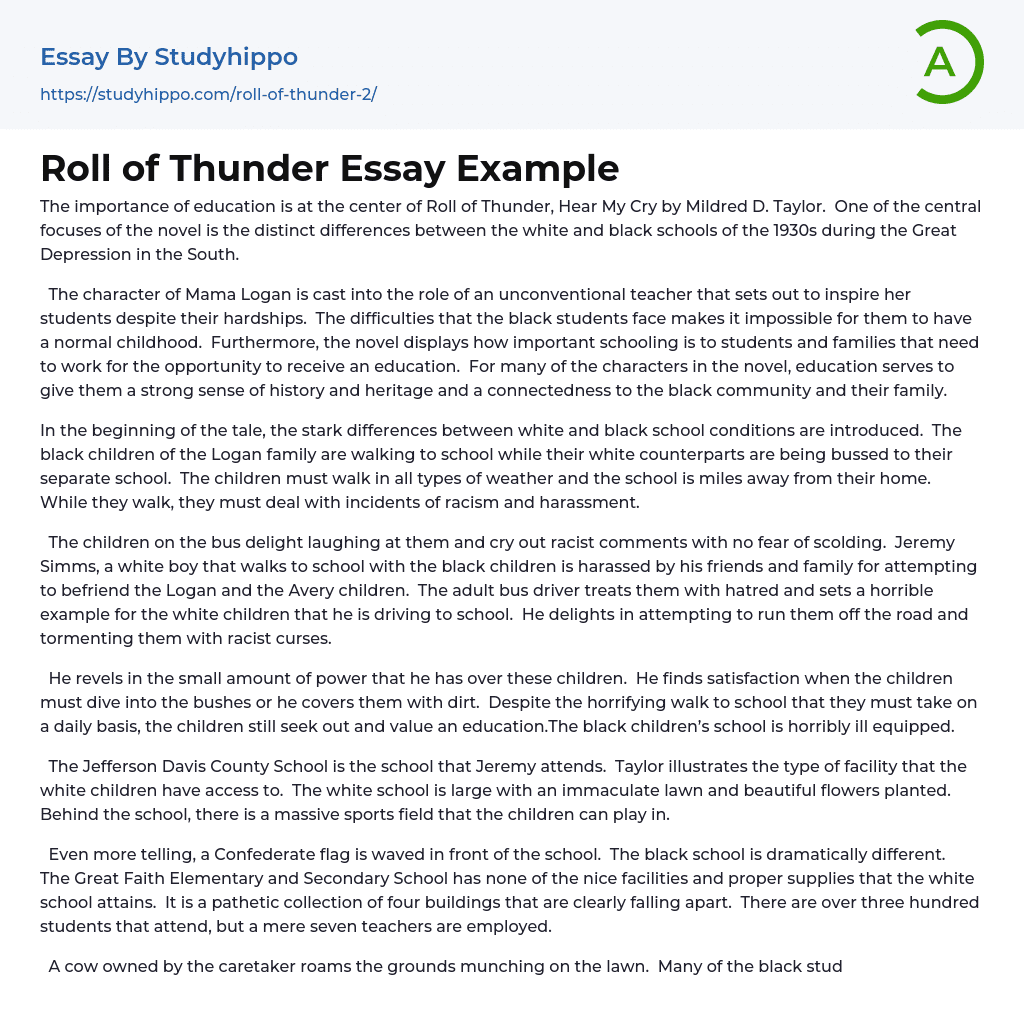 Roll of Thunder Essay Example