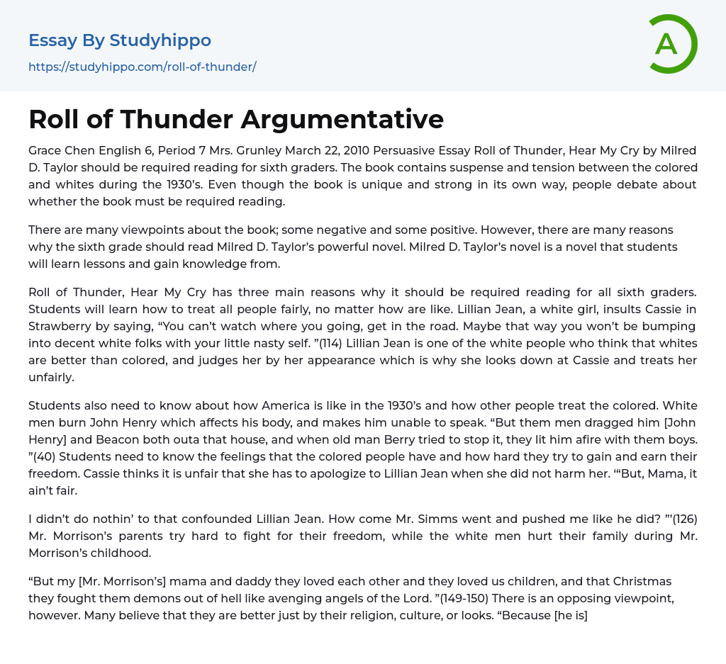 “Roll of Thunder, Hear My Cry” by Milred D. Taylor Essay Example