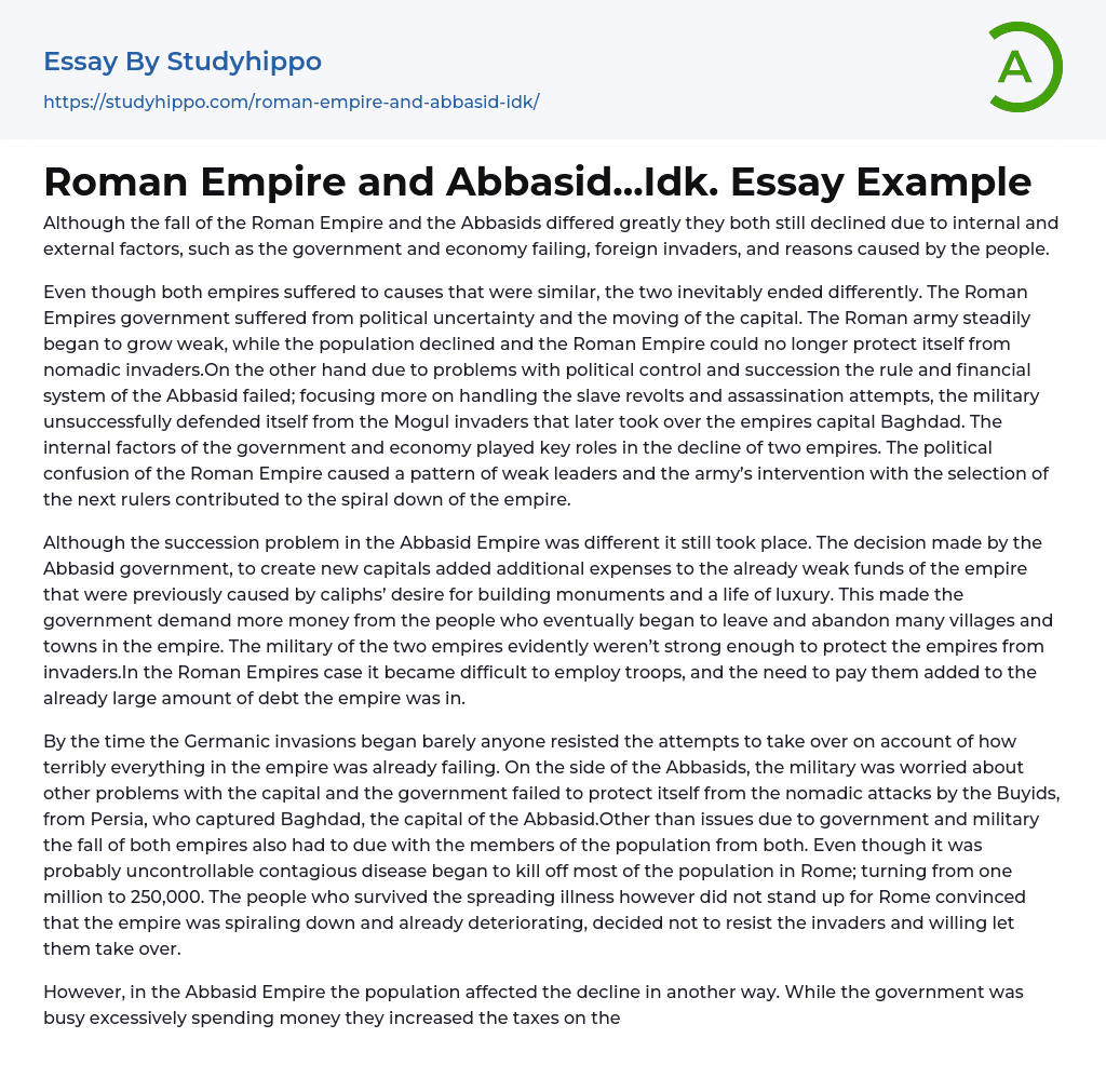 Roman Empire and Abbasid…Idk. Essay Example