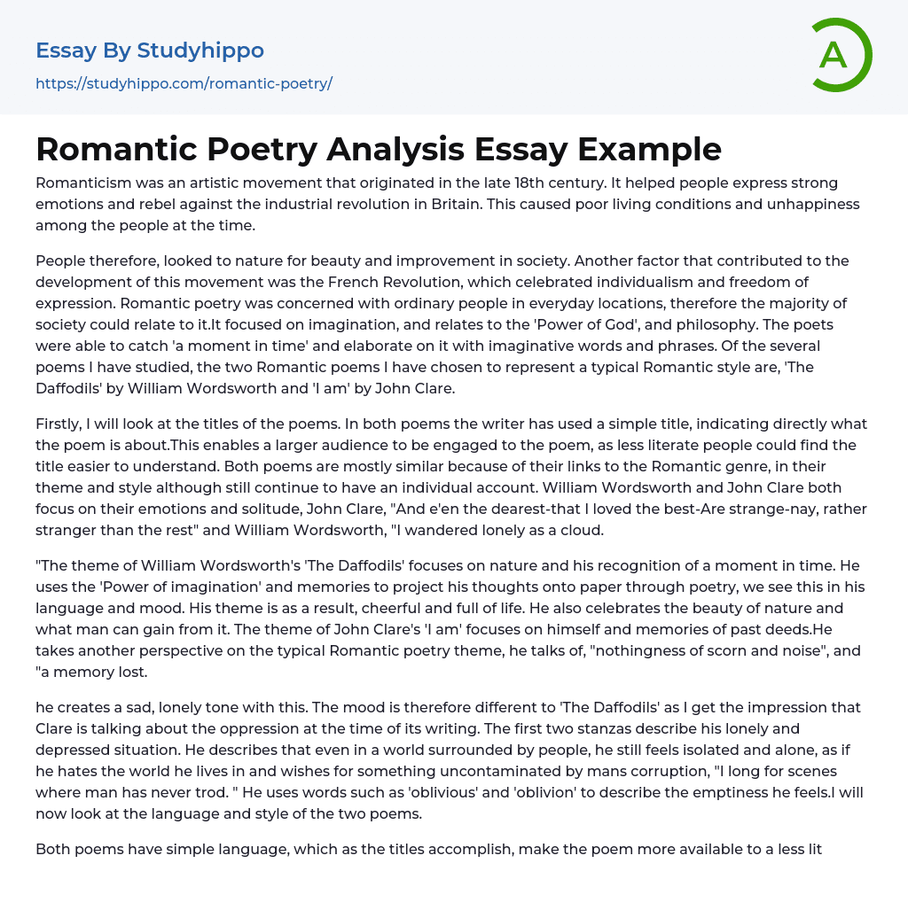 Romantic Poetry Analysis Essay Example
