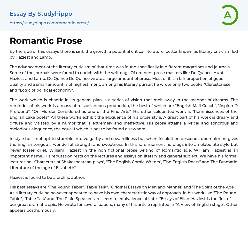 Romantic Prose Essay Example