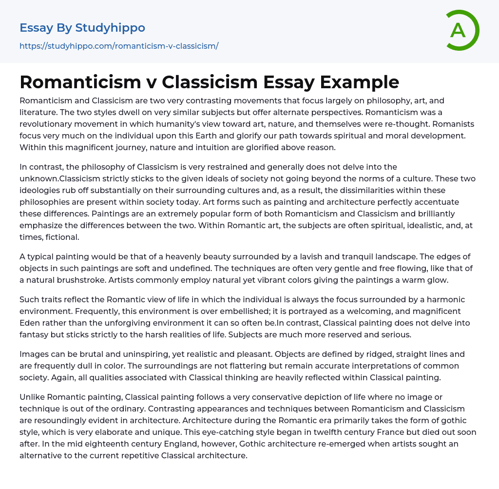 Romanticism v Classicism Essay Example