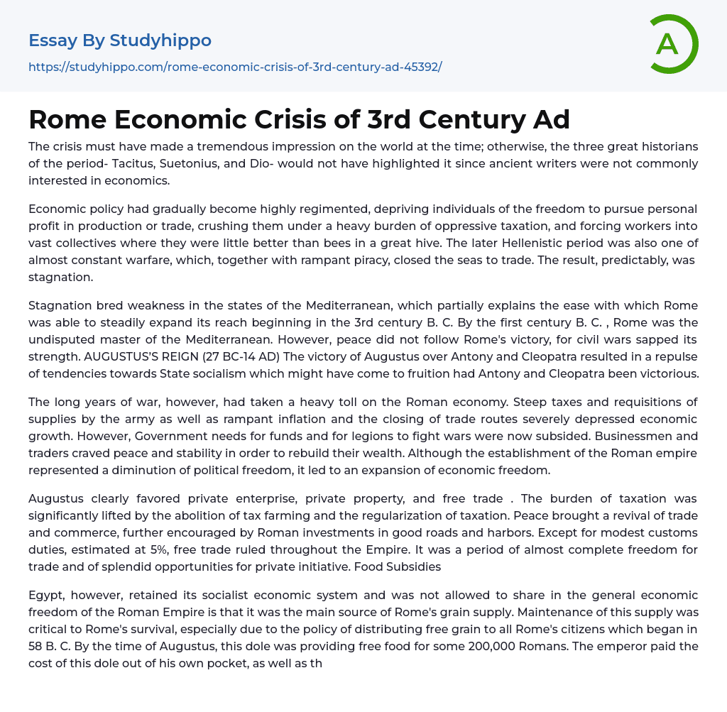Rome Economic Crisis of 3rd Century Ad Essay Example