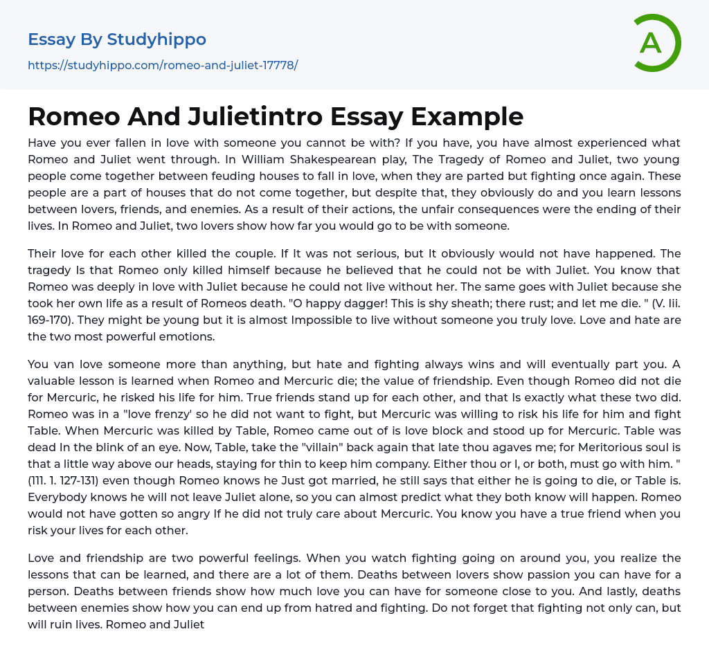 Romeo And Julietintro Essay Example