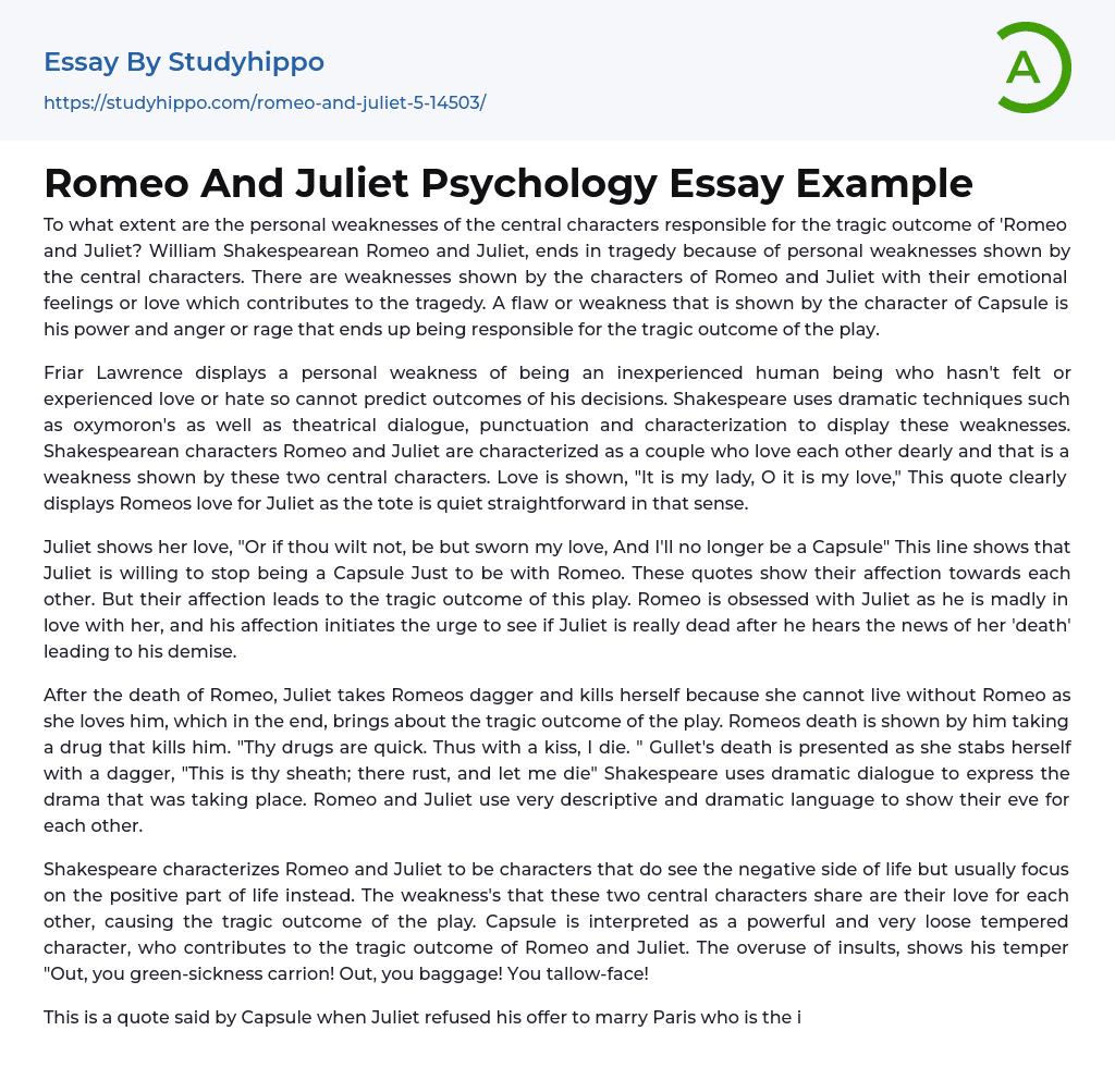 Romeo And Juliet Psychology Essay Example