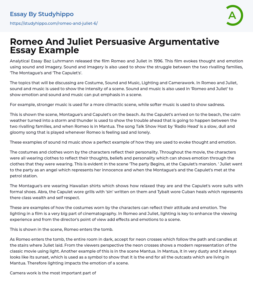 Romeo And Juliet Persuasive Argumentative Essay Example