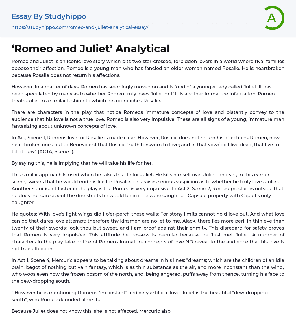 romeo and juliet analytical essay example