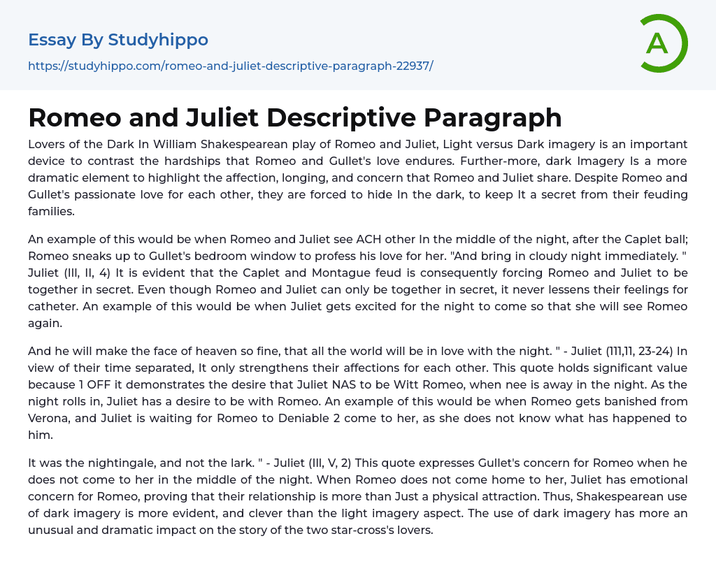 Romeo and Juliet Descriptive Paragraph Essay Example