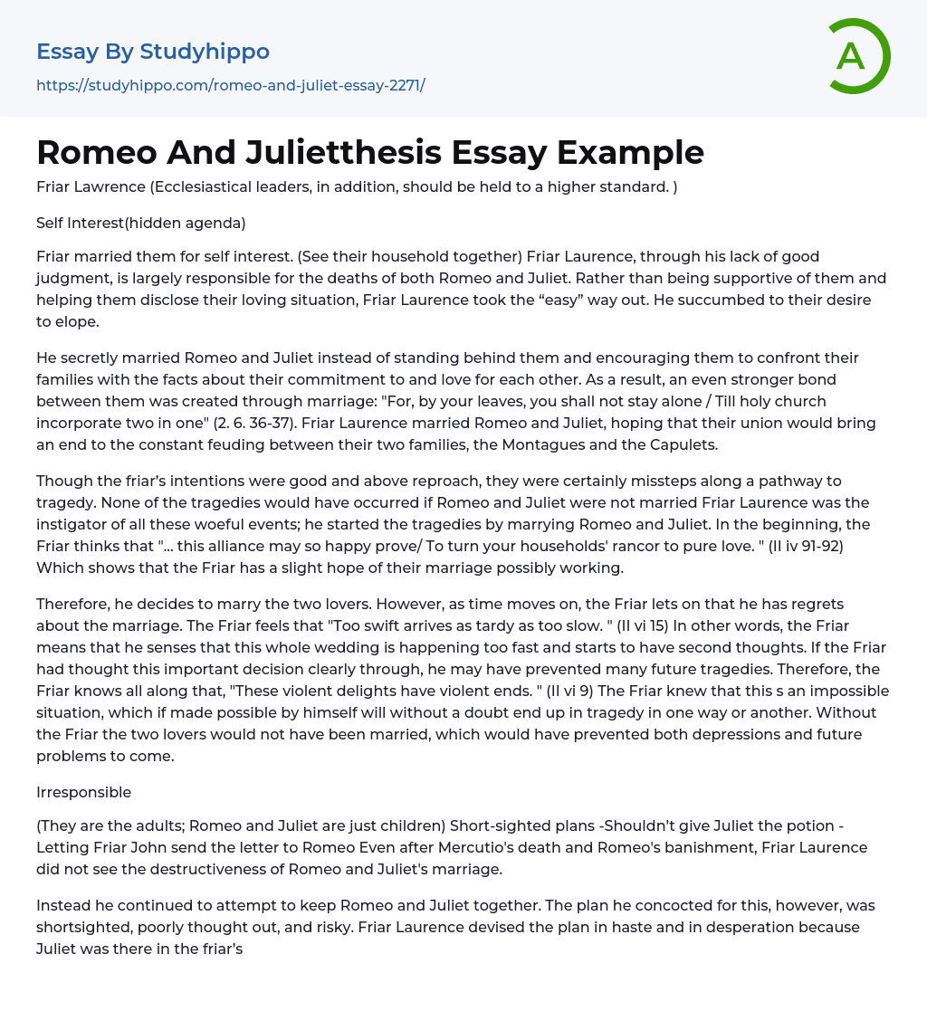 Romeo And Julietthesis Essay Example