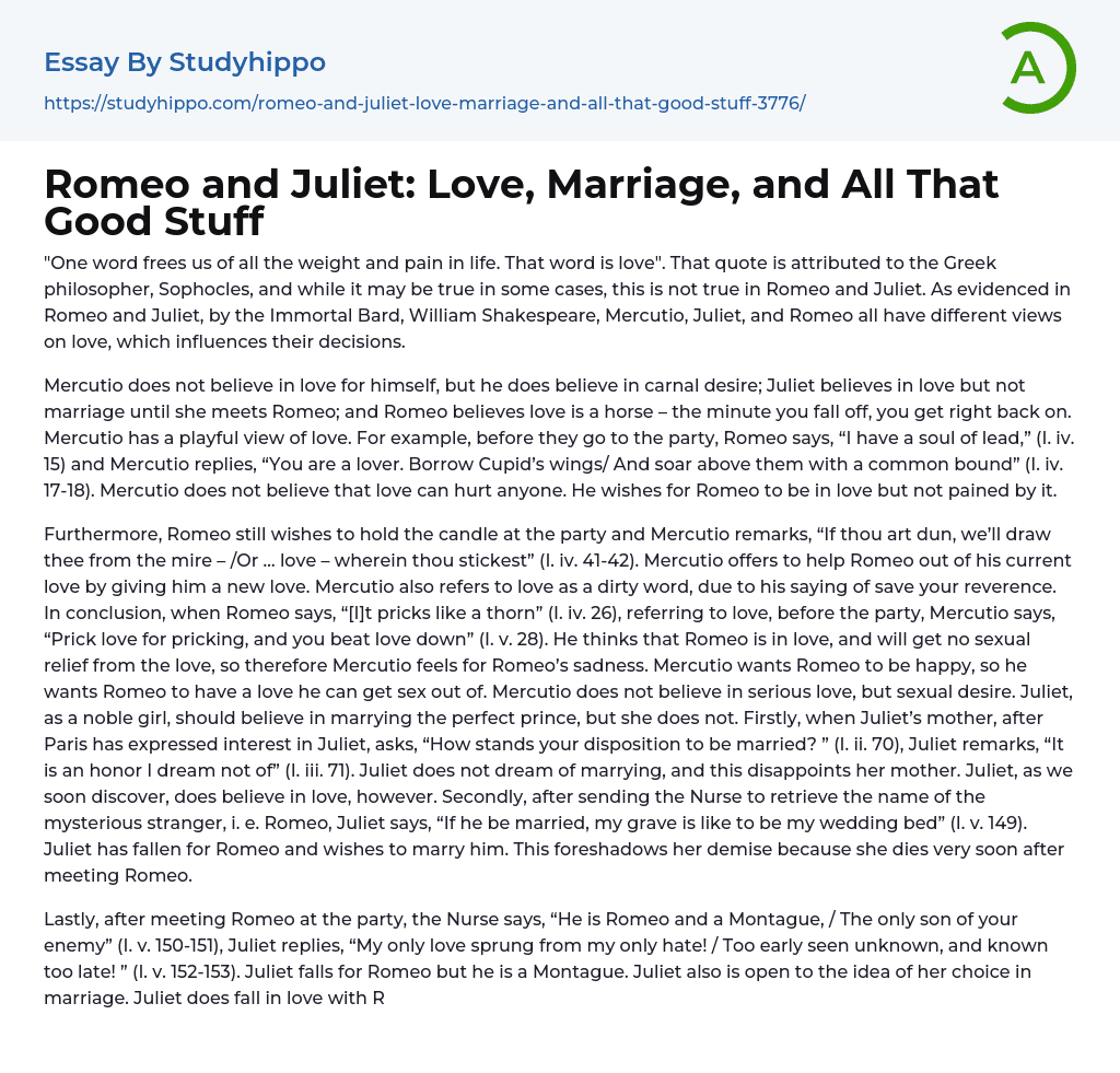Romeo and Juliet: Love, Marriage, and All That Good Stuff Essay Example