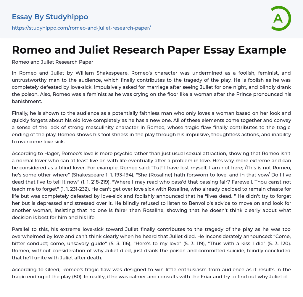 Romeo and Juliet Research Paper Essay Example