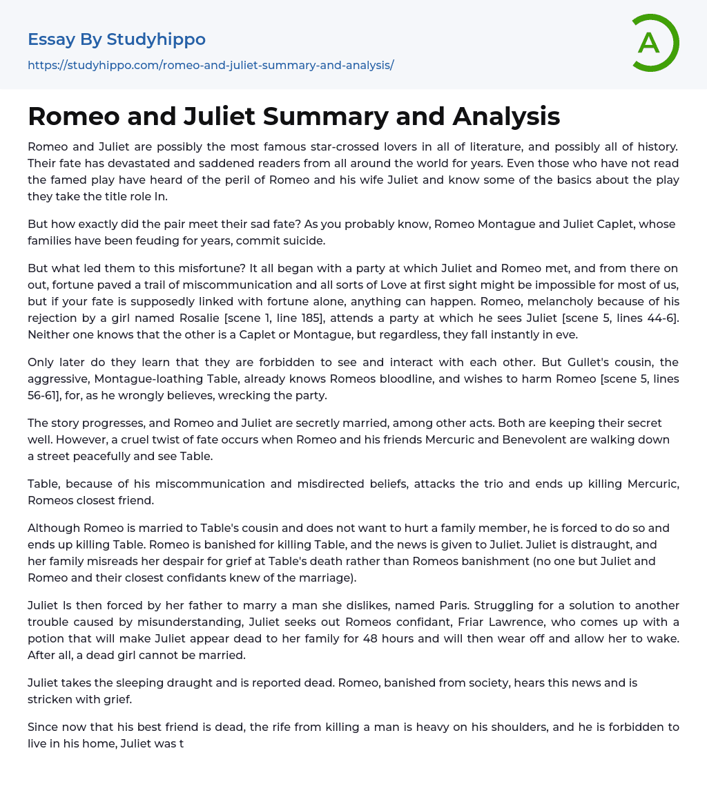 romeo and juliet essay summary