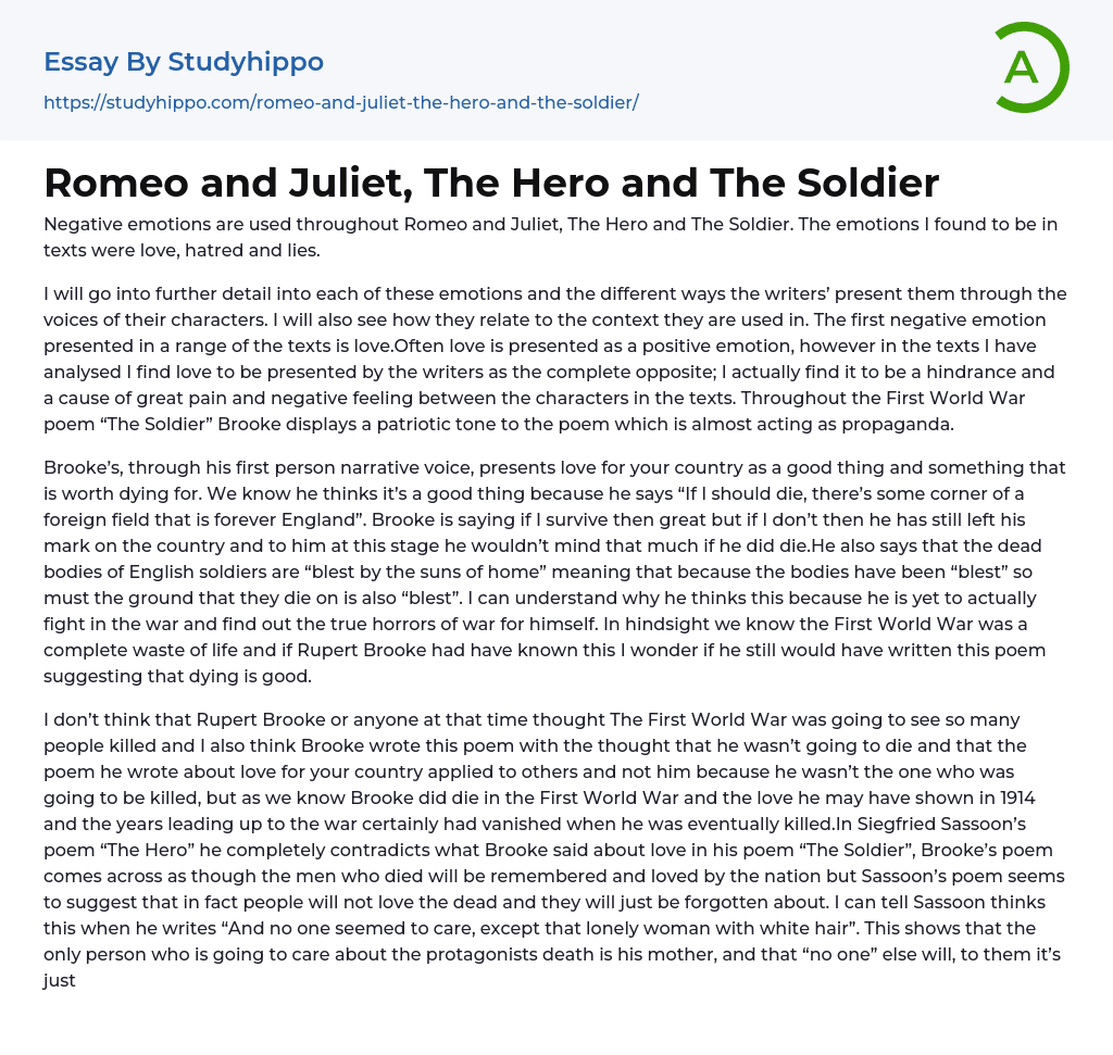 Romeo and Juliet, The Hero and The Soldier Essay Example