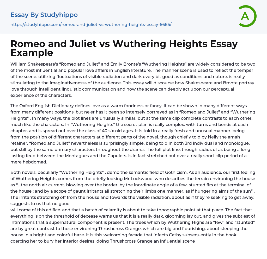Romeo and Juliet vs Wuthering Heights Essay Example