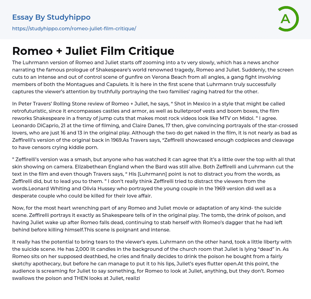 Romeo + Juliet Film Critique Essay Example