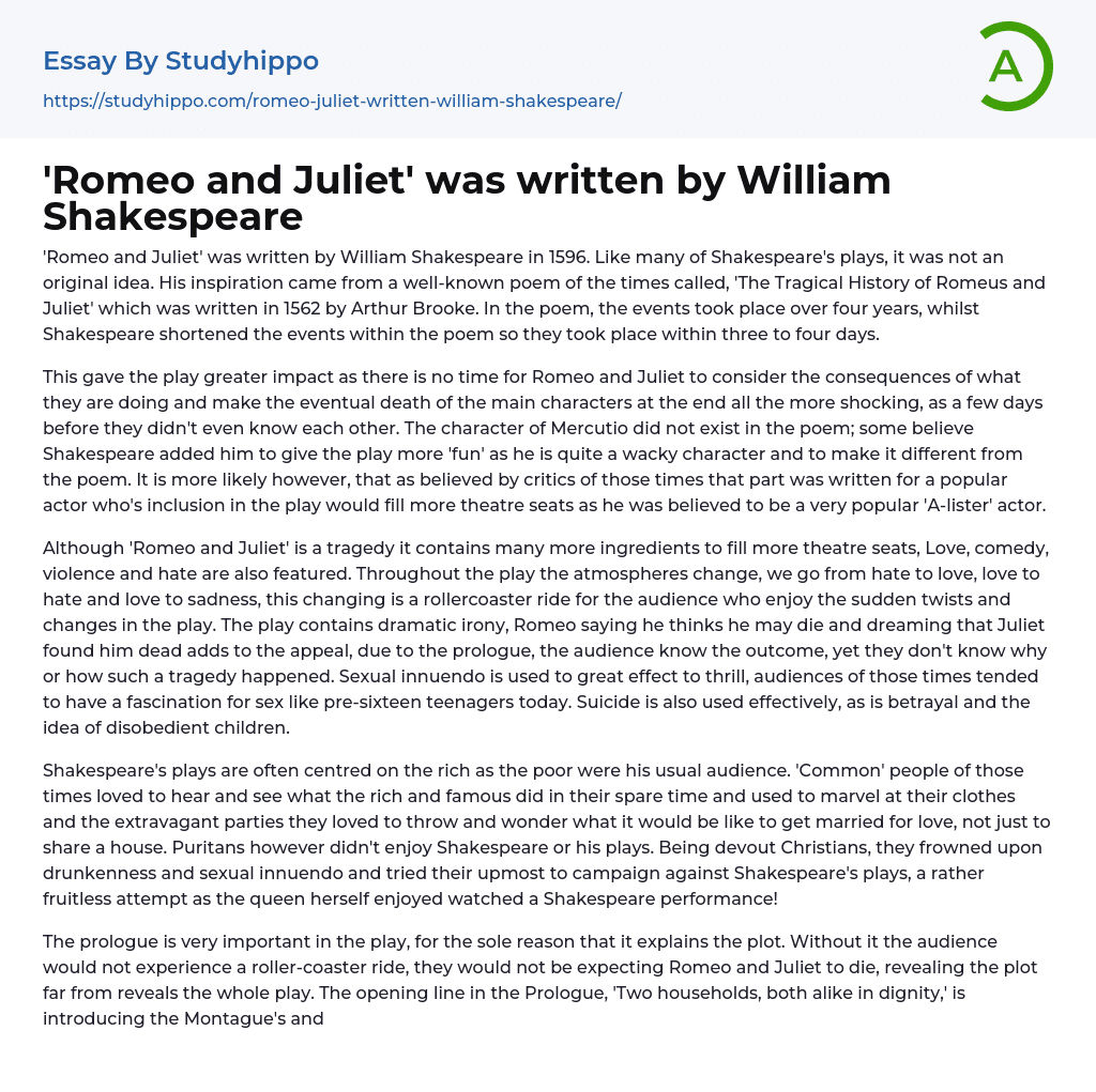 Romeo and Juliet’ was written by William Shakespeare Essay Example