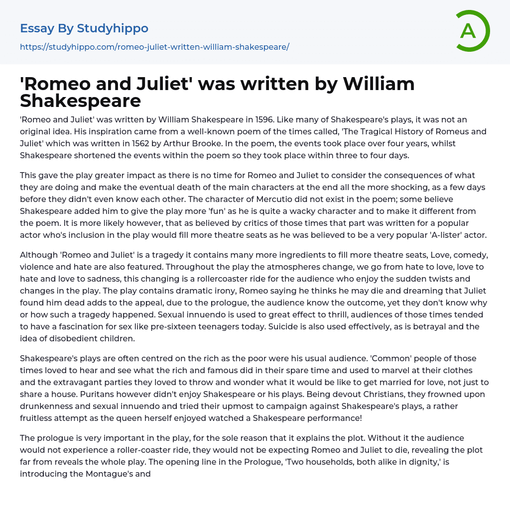 william shakespeare romeo and juliet essay