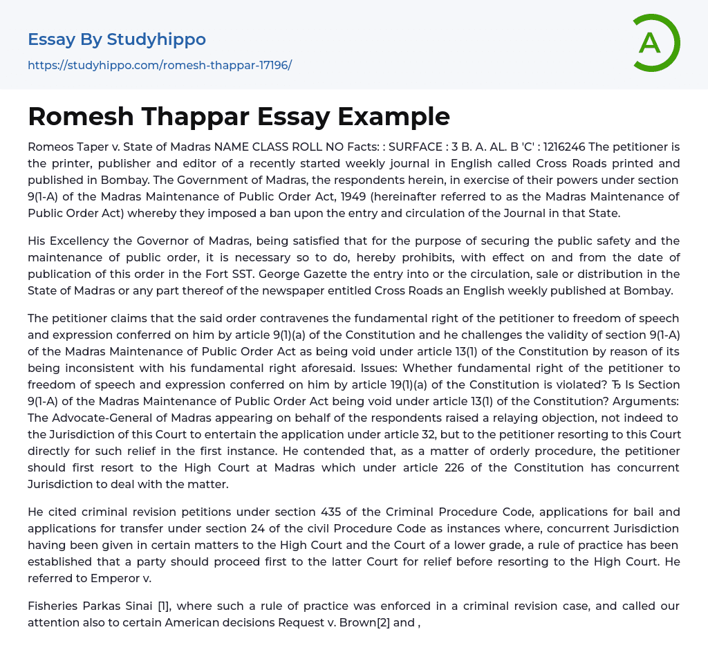 Romesh Thappar Essay Example