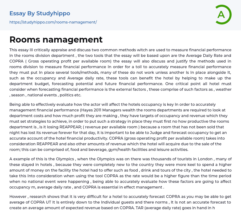 Rooms namagement Essay Example
