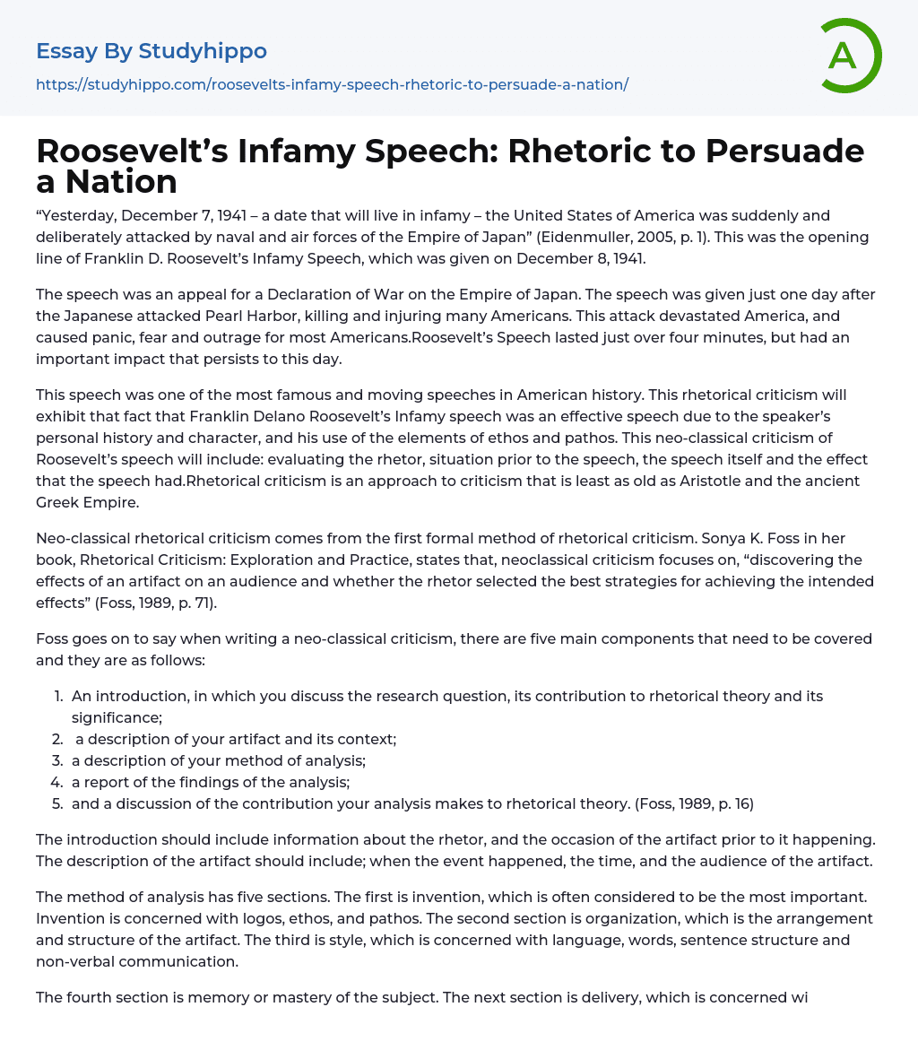Roosevelt’s Infamy Speech: Rhetoric to Persuade a Nation Essay Example
