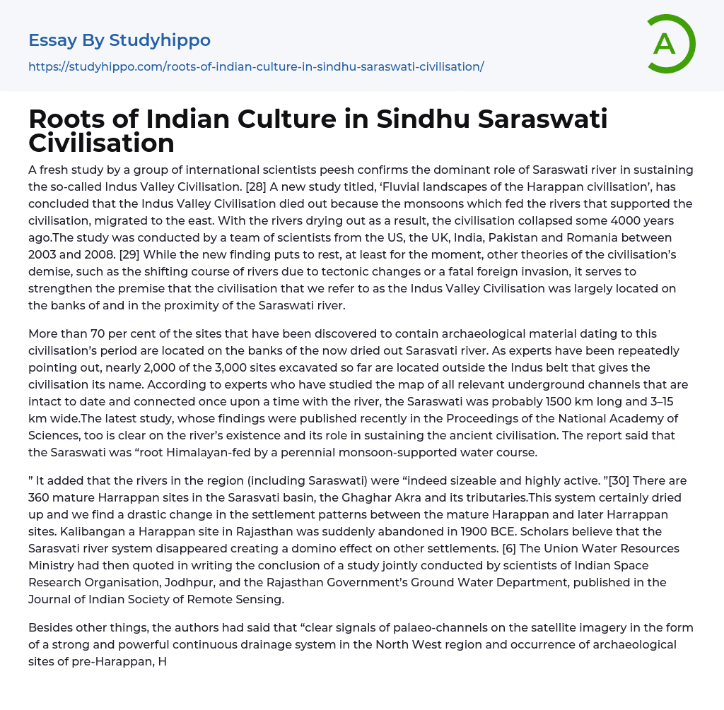 Roots of Indian Culture in Sindhu Saraswati Civilisation Essay Example