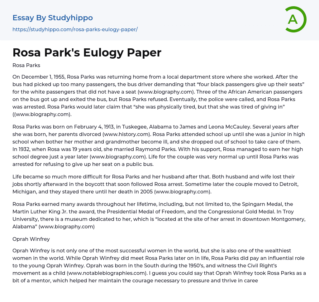 Rosa Park’s Eulogy Paper Essay Example