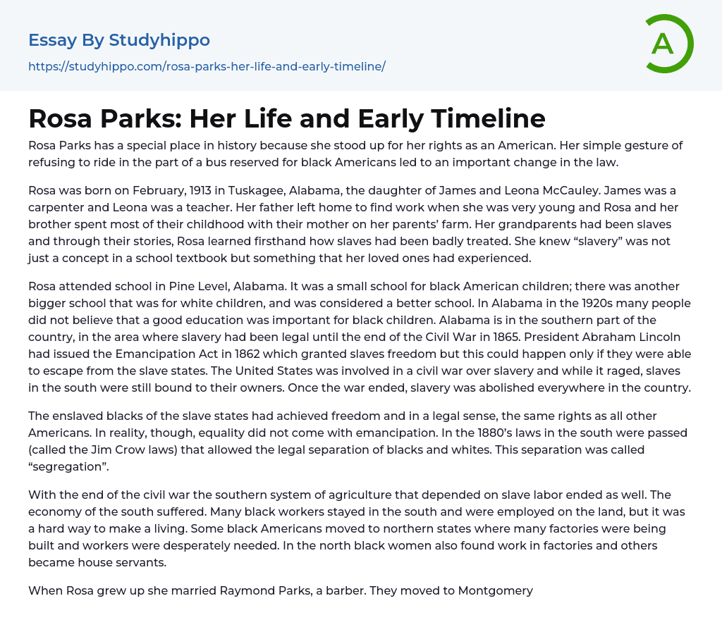 Rosa Parks: Her Life and Early Timeline Essay Example
