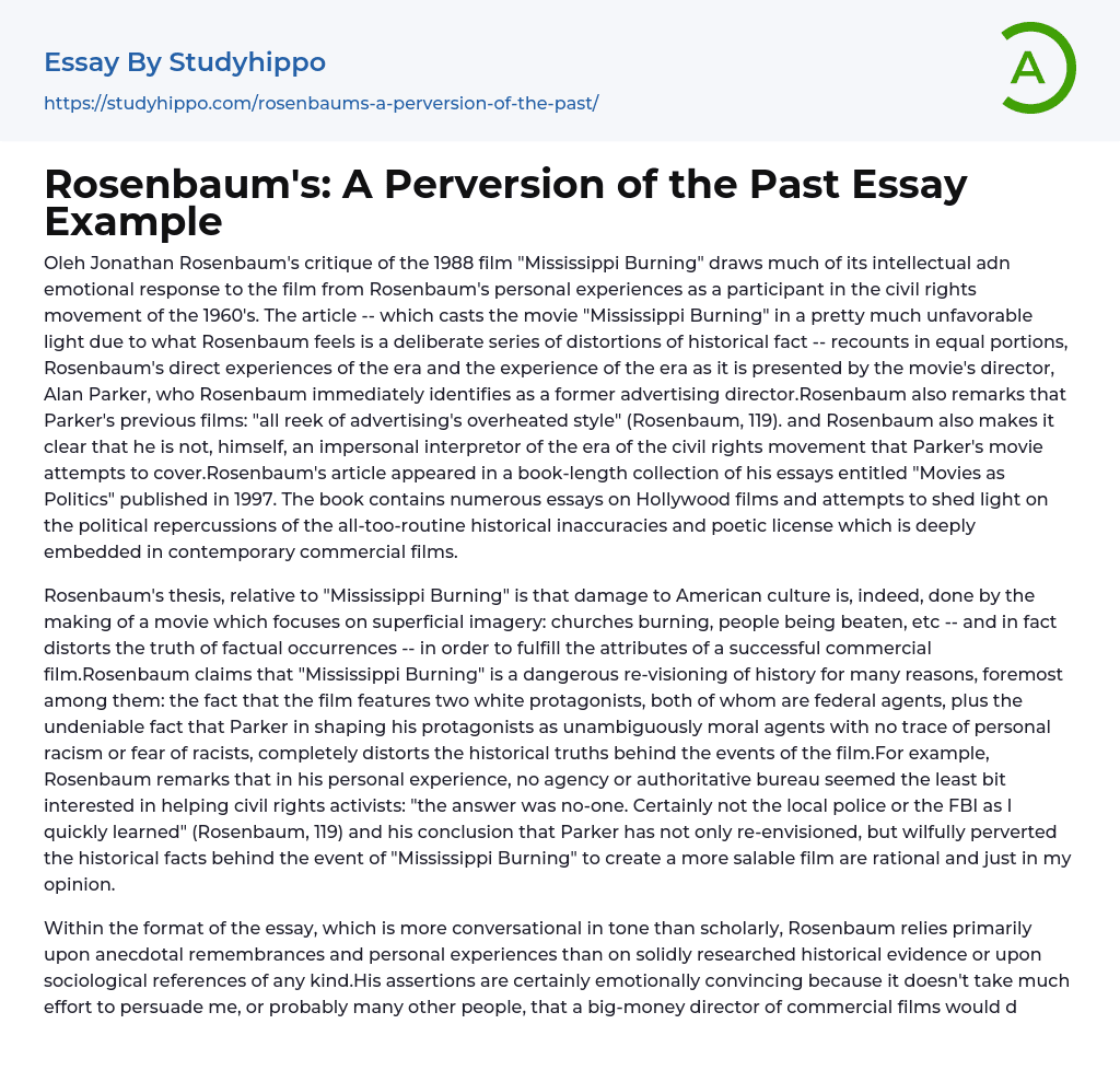 Rosenbaum’s: A Perversion of the Past Essay Example