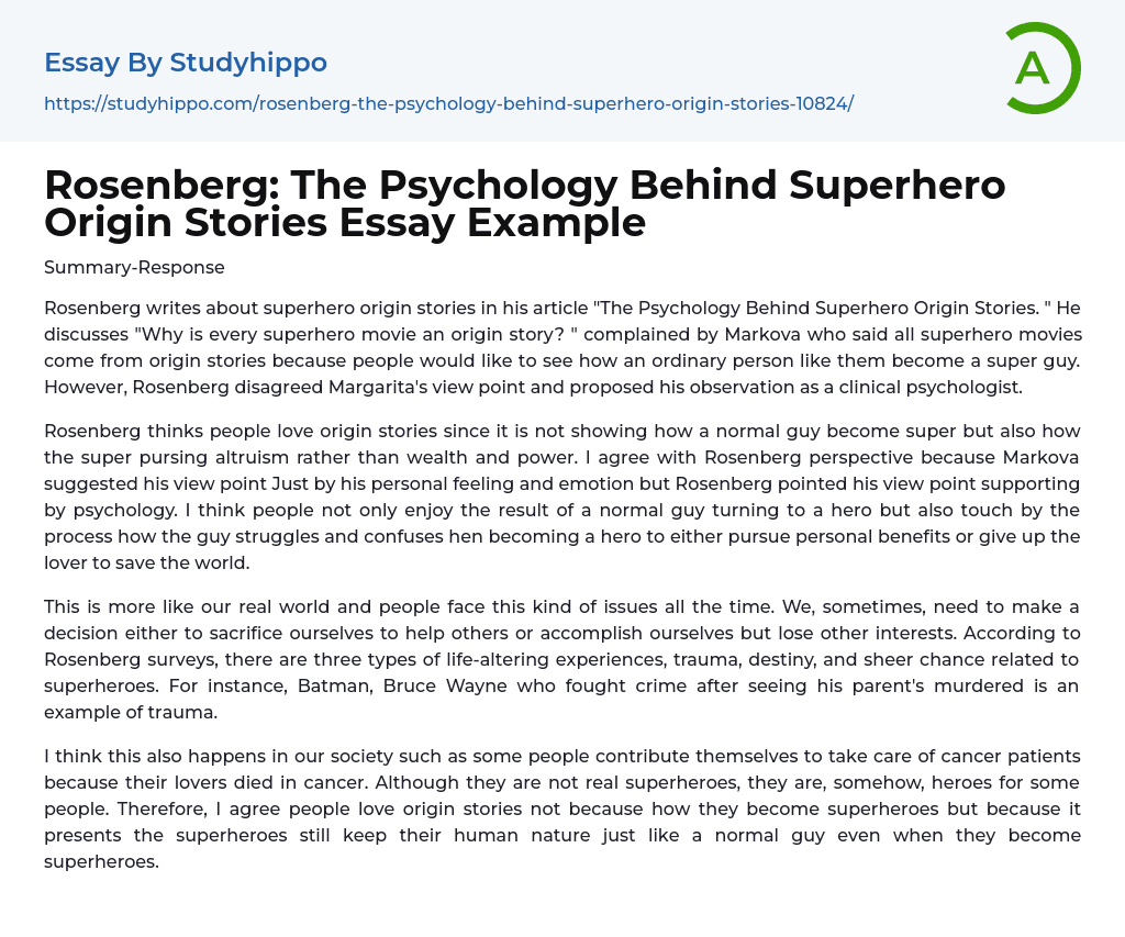 Rosenberg: The Psychology Behind Superhero Origin Stories Essay Example