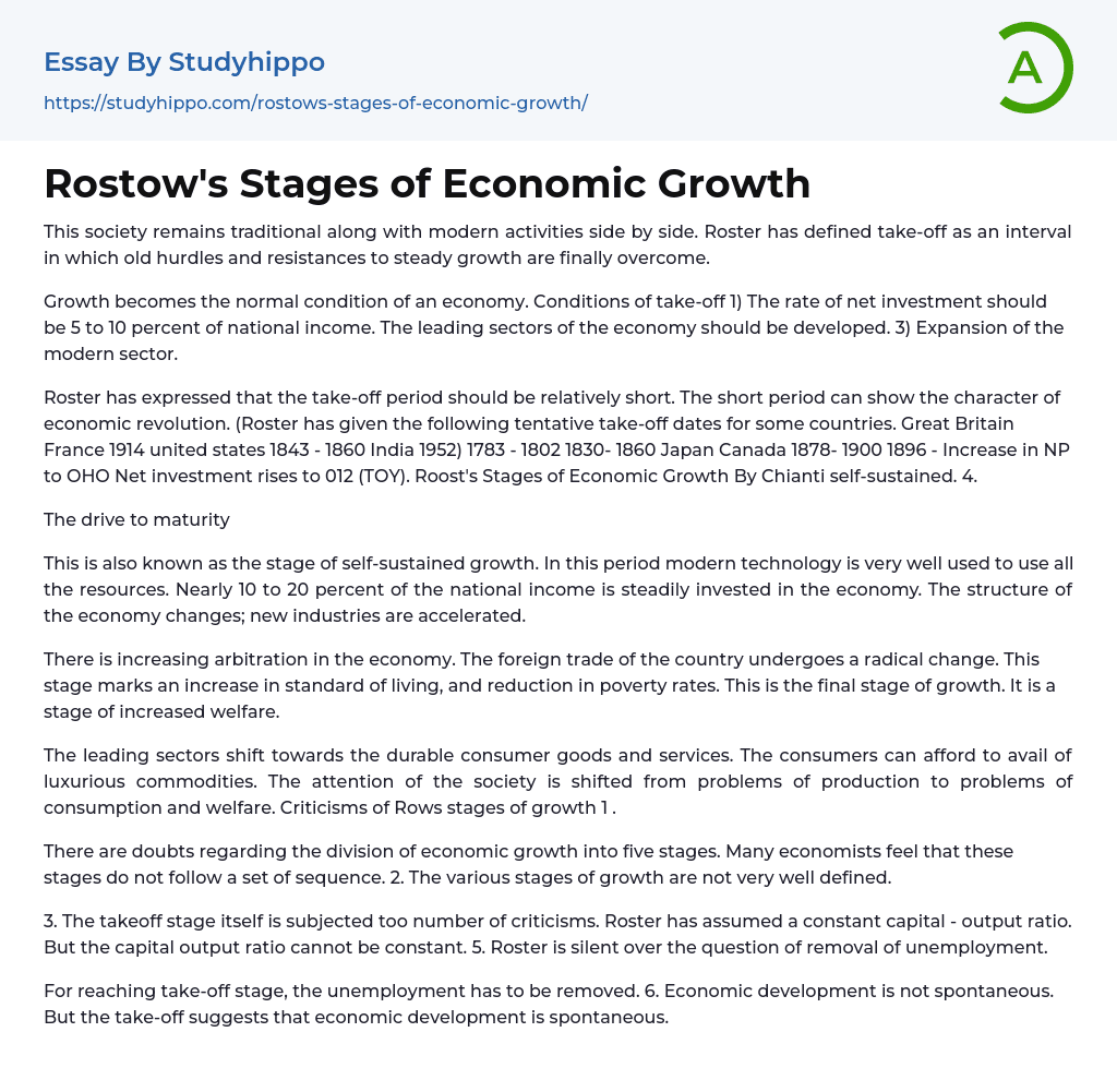 Rostow’s Stages of Economic Growth Essay Example