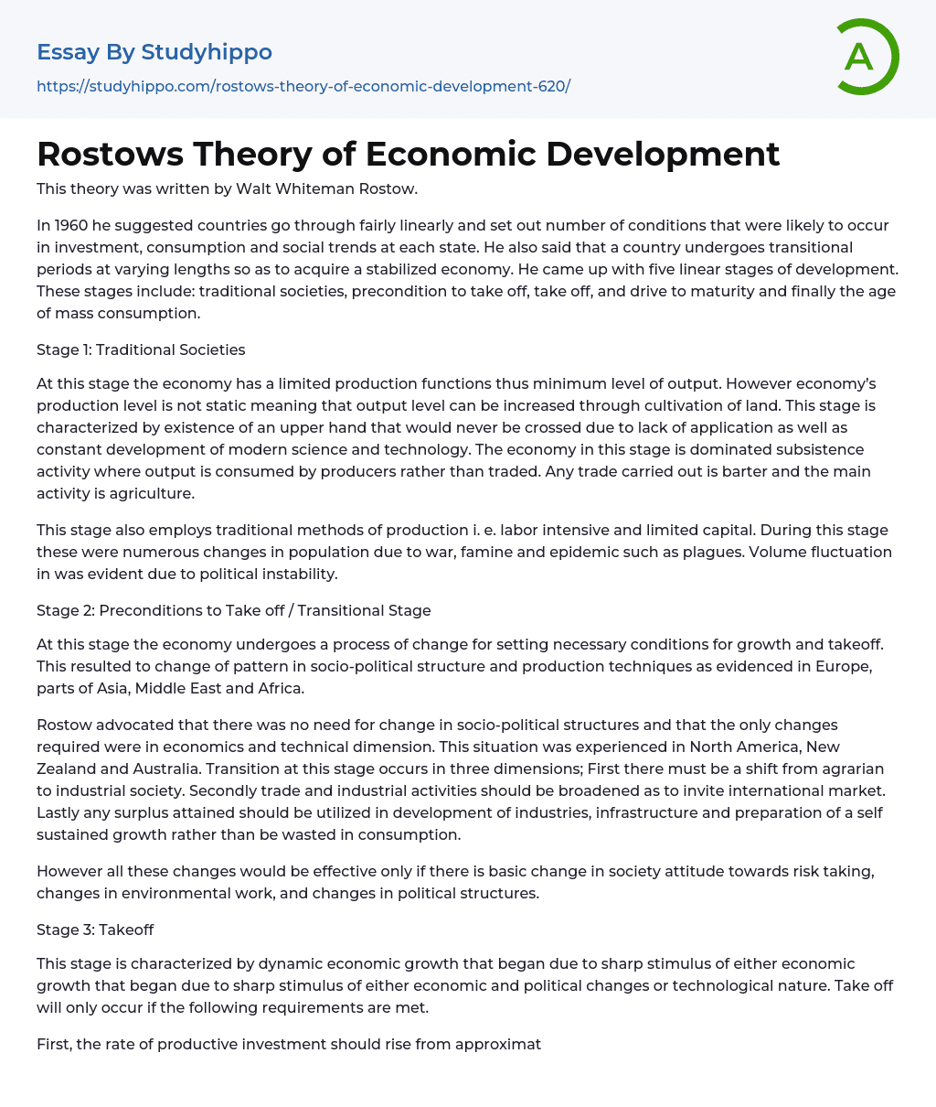 Rostows Theory of Economic Development Essay Example