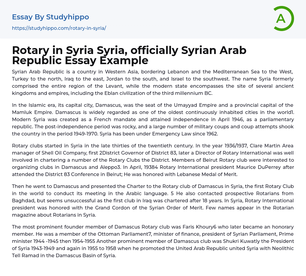 Rotary in Syria Syria, officially Syrian Arab Republic Essay Example