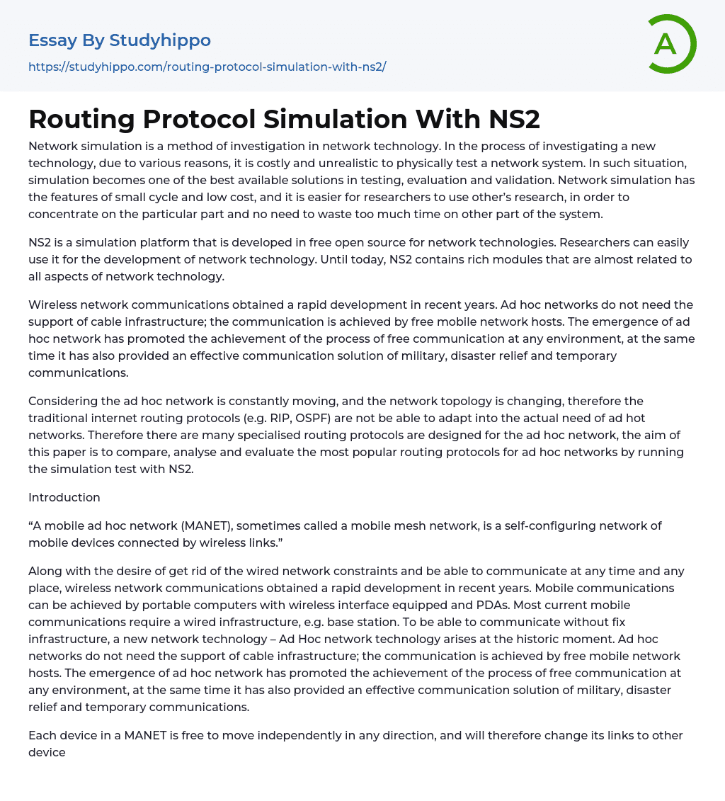 Routing Protocol Simulation With NS2 Essay Example