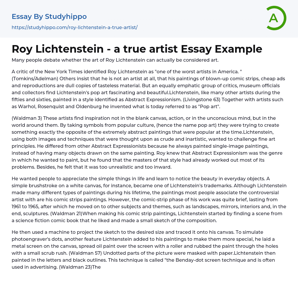 Roy Lichtenstein – a true artist Essay Example