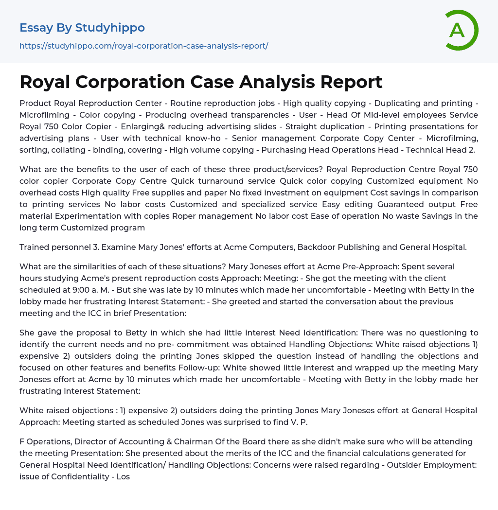 Royal Corporation Case Analysis Report Essay Example